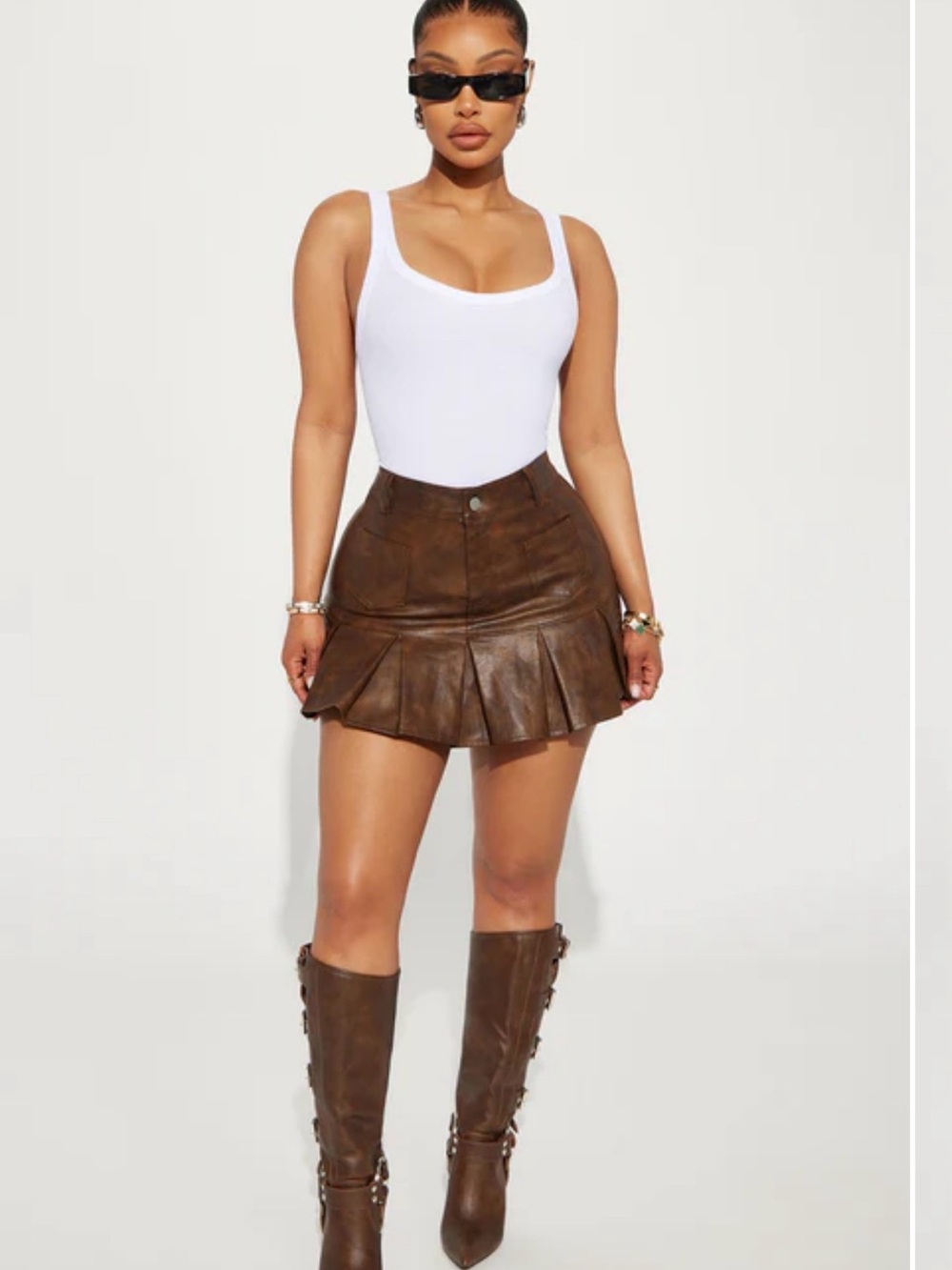 Fashion Nova Brown Pleated Leather Mini Skirt